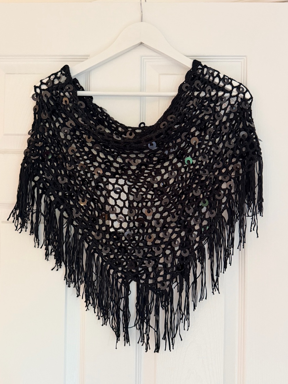 NWT Vintage Black Crochet Sequin Fringe Triangle Shawl Y2K